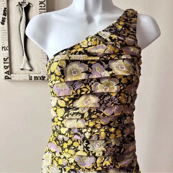 Zara Floral Chiffon Ruched One Shoulder Mini Dress Size XS - Picture 2 of 11